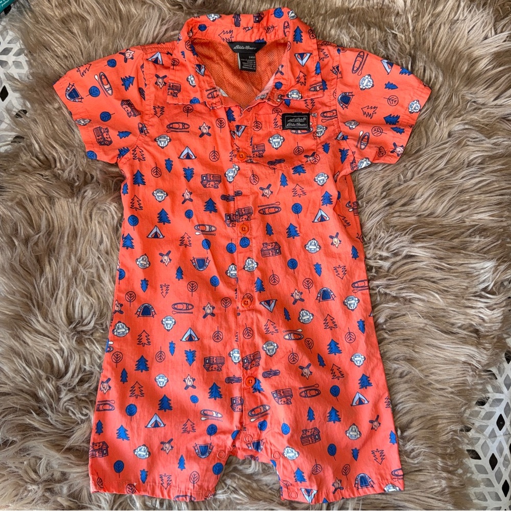 Eddie Bauer Bright Orange Shorts Romper with Blue camping & outdoor graphics 24m